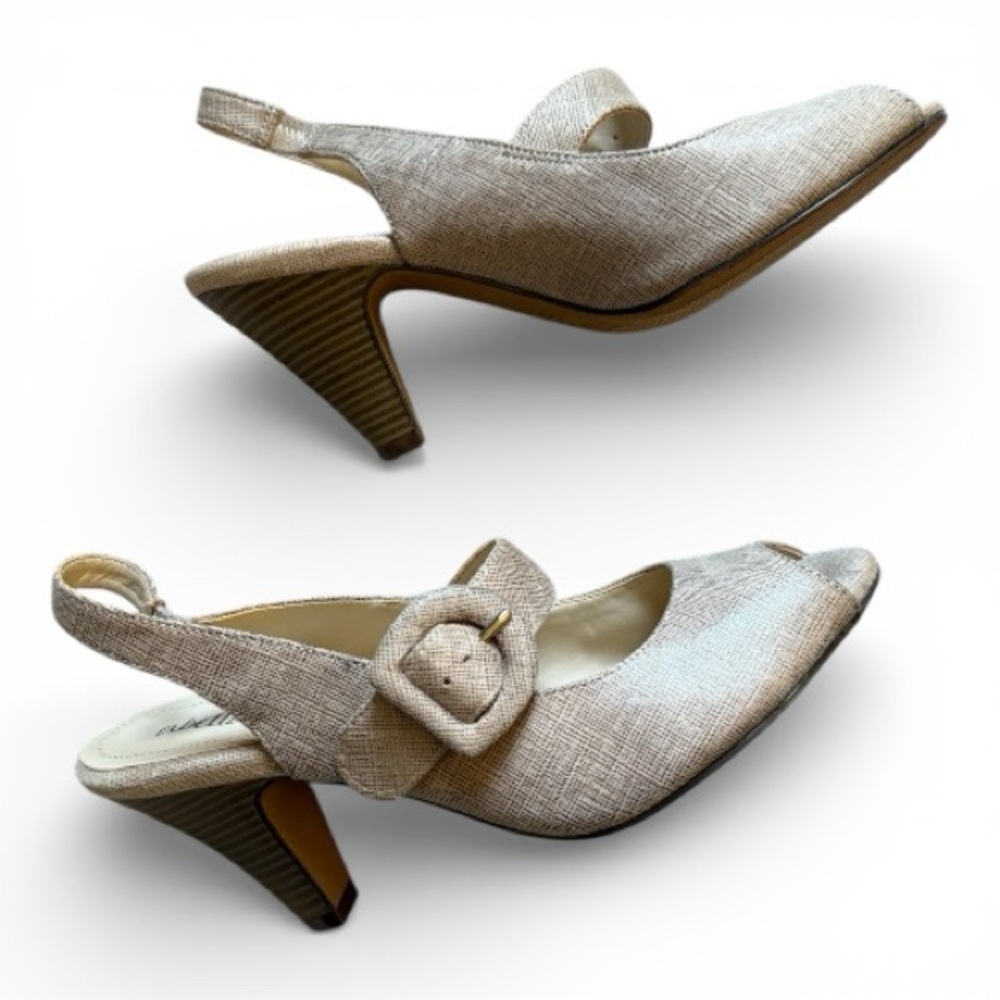 Abella sling back heels with Mary Jane buckle, beige, size 8 1/2